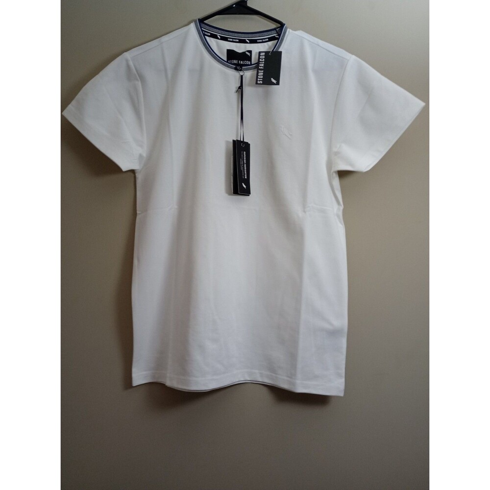 NWT Stone Falcon Crisp White Tee Shirt Navy Blue Border Size Small